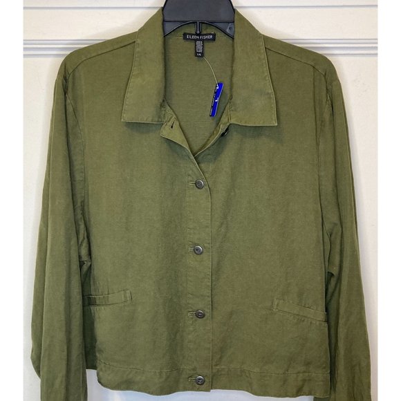 NWT Eileen Fisher Size Large Green Linen Long Sleeve Button Down Cardigan Jacket - Picture 5 of 10
